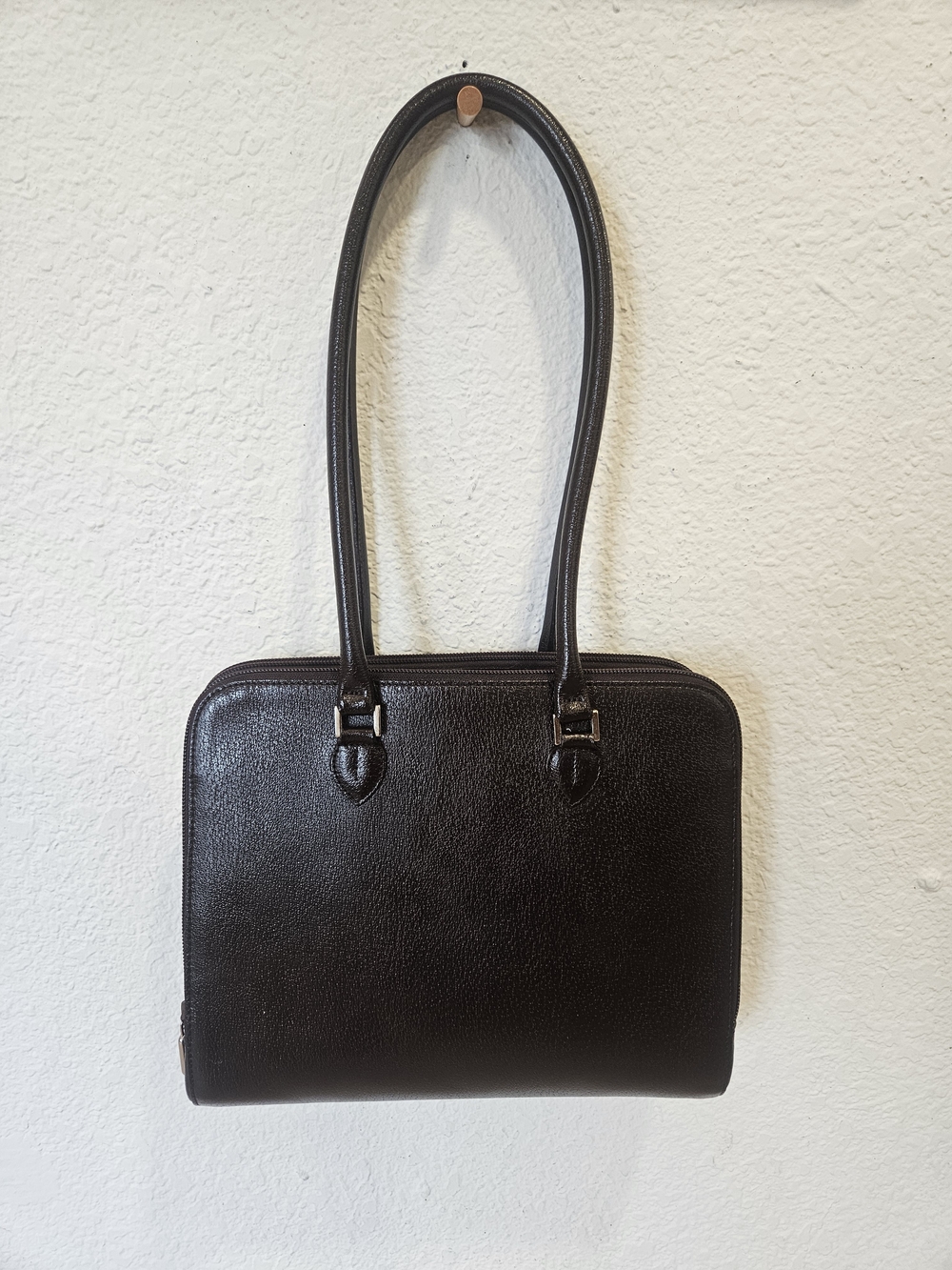 Authentic Vintage Furla Brown Grained Saffiano Leather Boxy Handbag